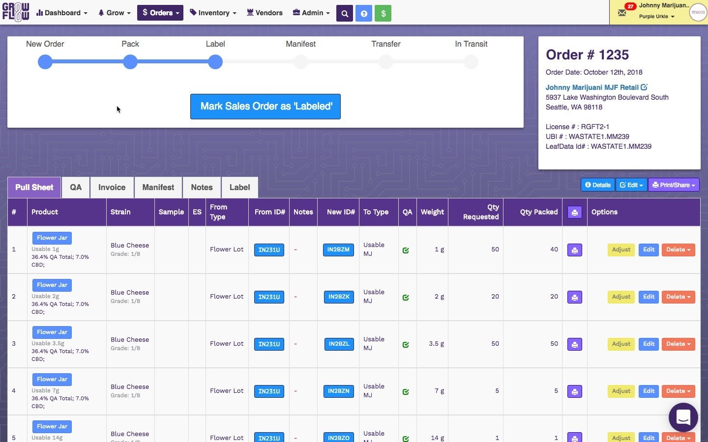 GrowFlow cannabis inventory and compliance software dashboard