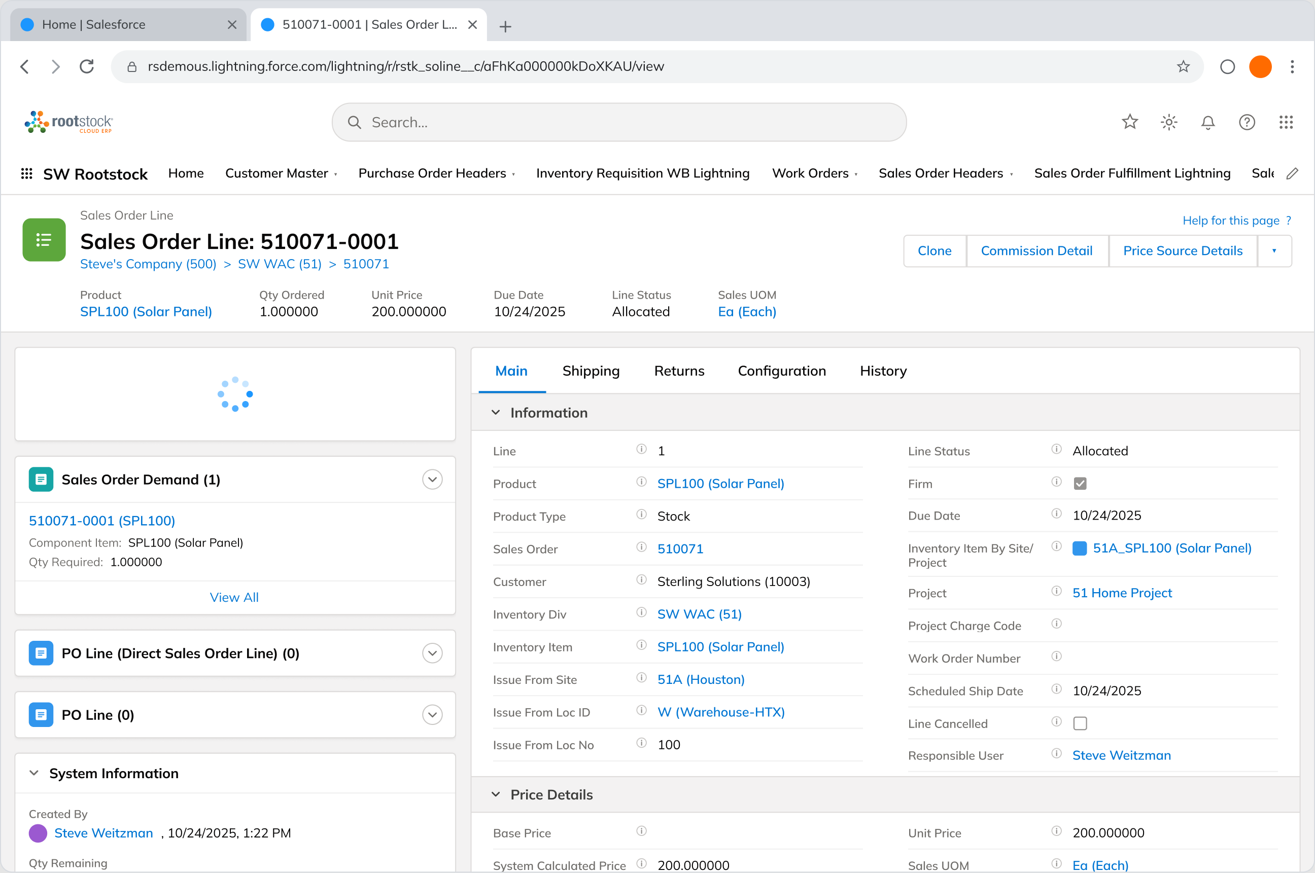 Rootstock ERP dashboard showing inventory and order management built on Salesforce