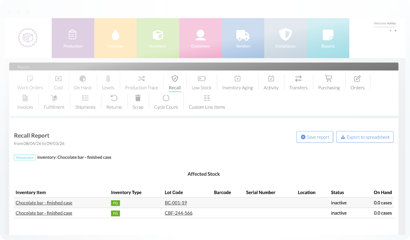 Wherefour recall report dashboard showing affected stock and shipments